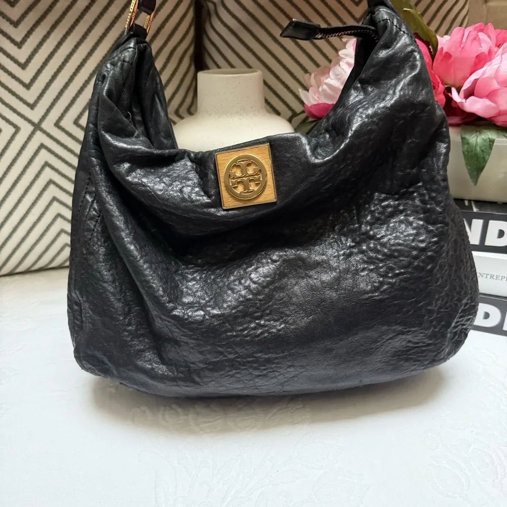Tory Burch Black Leather Hobo with Gold Chain Detail